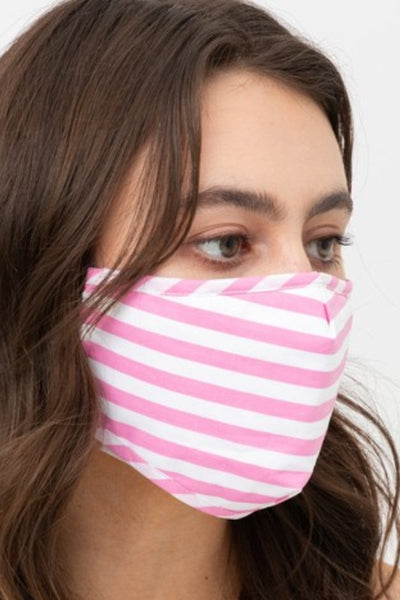 pink and white horizontal stripe print cotton shaped double layer face mask with adjustable black ear loops, shown on model