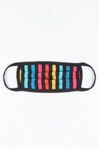 black & multi-color vertical stripe poly/cotton blend knit face mask with black trim and ear loops