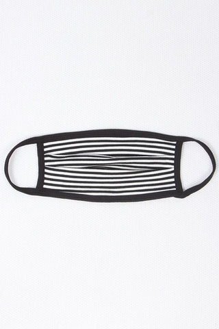 black & creamy white narrow stripe poly/cotton blend knit face mask with black trim and ear loops