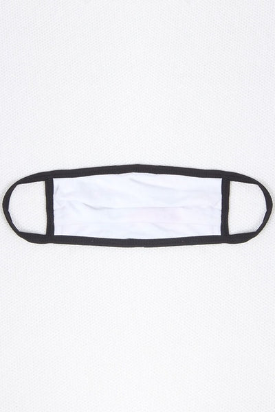 black & creamy white narrow stripe poly/cotton blend knit face mask with black trim and ear loops, back view showing solid white lining layer