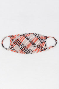 tan & orange plaid poly/cotton blend knit face mask with self trim and ear loops
