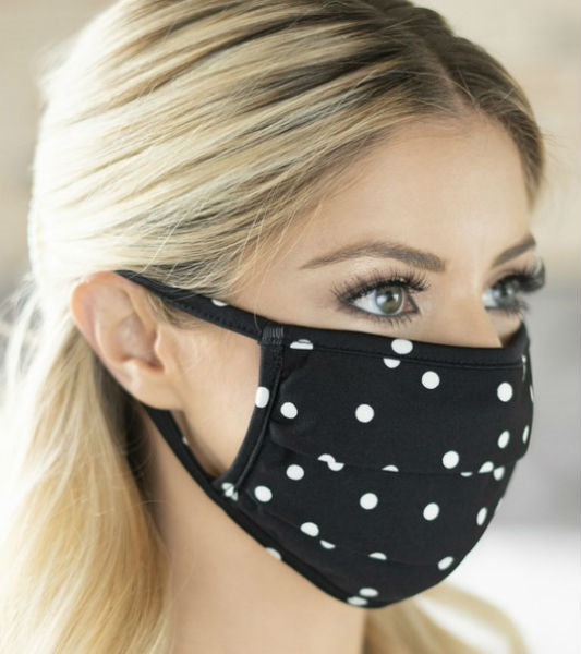 black & white polka dot print black poly/cotton blend knit face mask, shown on model