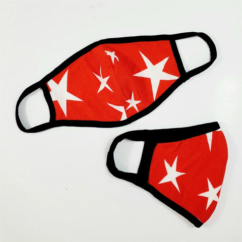 red with white star print knit face mask with black trim and ear loops
