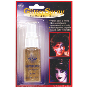 1oz. non-aerosol pump bottle of gold glitter spray, suitable for face, body, hair or clothing, shown on info graphic backer card packaging