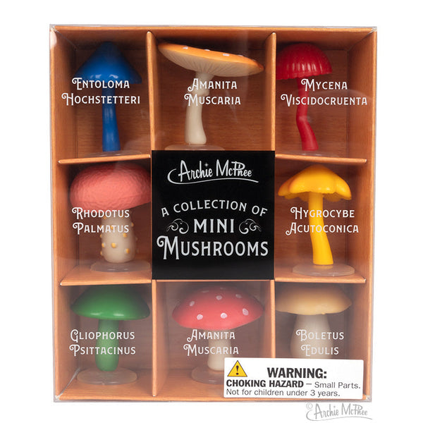 colorful collection of eight different soft vinyl mini mushrooms, pictured in illustrated shadowbox style packaging