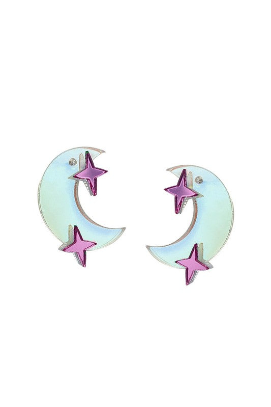 A pair of post earrings made of layered acrylic in the shape of iridescent blue crescent moons surrounded by two purple stars