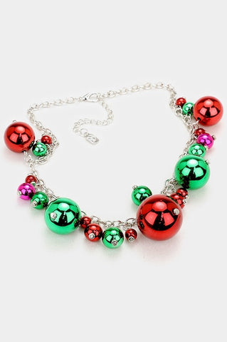 multi-color cluster of metallic bead holiday ornaments on shiny silver metal 18" chain with lobster claw clasp and 3" extender