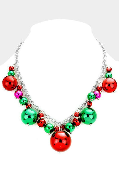 multi-color cluster of metallic bead holiday ornaments on shiny silver metal 18" chain