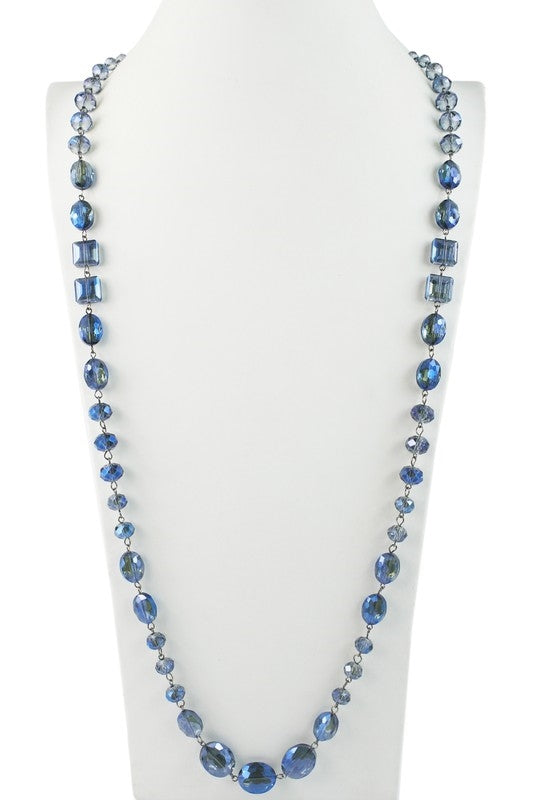 multi-shape blue faceted glass linked bead strand necklace in 42" length