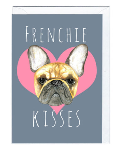 "Frenchie Kisses" text above and below dog face in pink heart illustration notecard