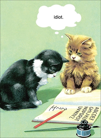 Vintage Ladybird Book illustrated image of two cats looking at a lesson book with incorrect addition, with "idiot" in a thought bubble 
