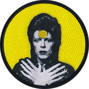 Classic Ziggy Stardust Mick Rock portrait in stark black & white with metallic gold accent against bold yellow background round embroidered patch