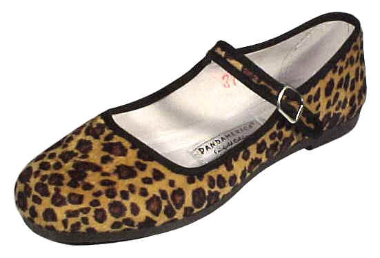 leopard print faux fur fabric mary-jane flat black rubber soled shoe