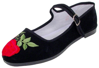 black cotton velvet mary-jane flat rubber sole show with embroidered red rose on toe
