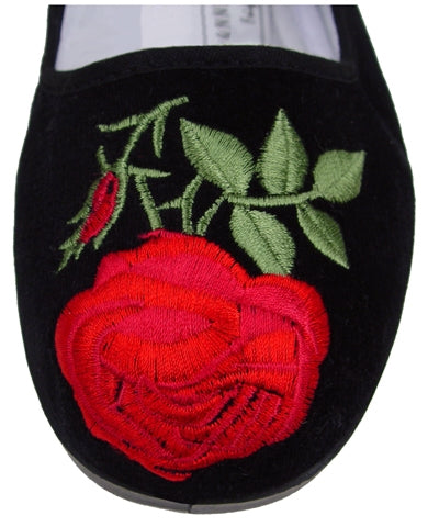 Black Velvet Mary-Jane Flat with Embroidered Rose