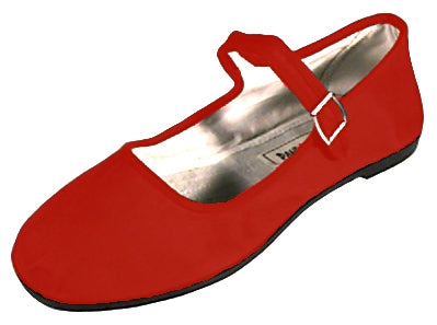 bright red cotton mary-jane flat shoe with black rubber sole