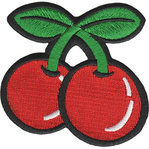 embroidered 2 5/8" pair of cherries patch with green leaves and stems