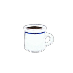 1.5" white with blue stripe diner-style mug full of coffee embroidered patch