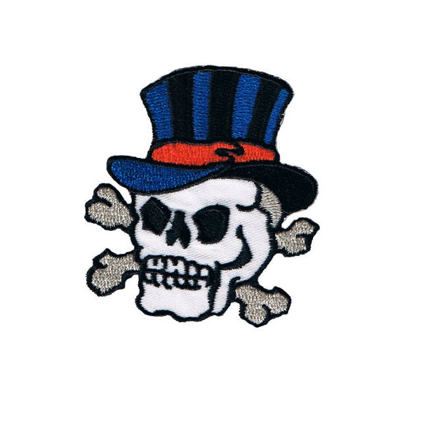 white skull and crossed bones with jaunty angle black and blue top hat embroidered patch