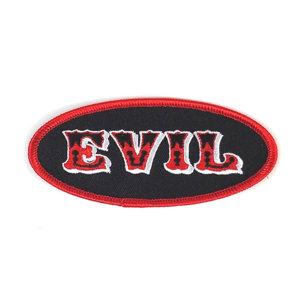 fancy-font embroidered "EVIL" oval nametag patch in black with red and white stitching