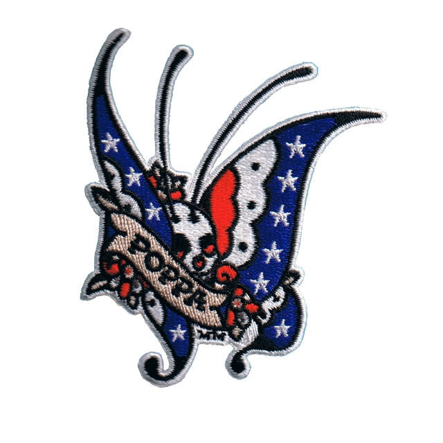 Embroidered "POPPA" banner classic Americana red, white, and blue butterfly tattoo flash Patch by artist Martin F. Emond aka Mickey Martin
