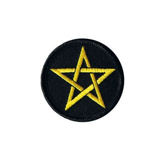 2" round black with yellow stitching pentagram embroidered patch