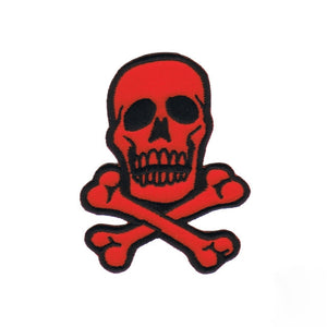 embroidered 2.75" skull & crossed bones patch in red with black stitching details