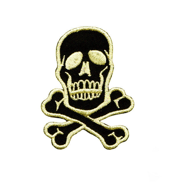 embroidered 2.75" skull & crossed bones patch in black with metallic gold stitching details