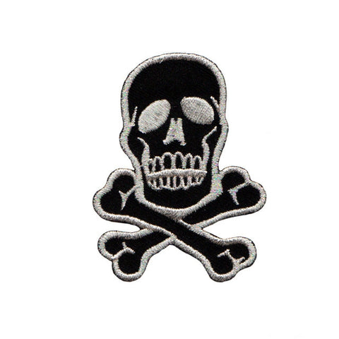 embroidered 2.75" skull & crossed bones patch in black with metallic silver stitching details