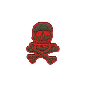embroidered 1.5" skull & crossed bones patch in olive green with red stitching details