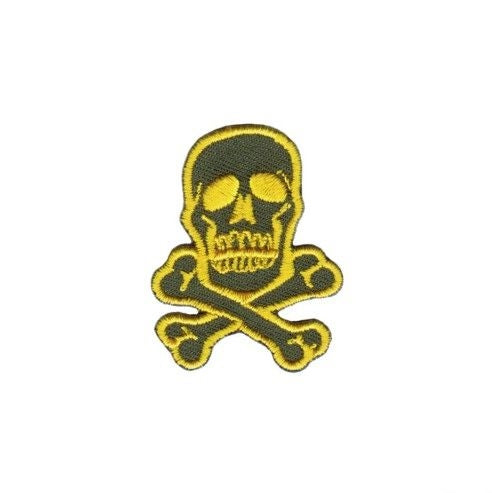 embroidered 1.5" skull & crossed bones patch in olive green with yellow stitching details