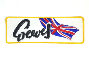 Vintage deadstock 11.5" rectangular "Greeves" black script logo with British flag embroidered patch