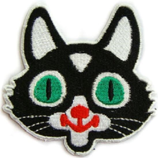 green-eyed black and white tuxedo cat face embroidered patch