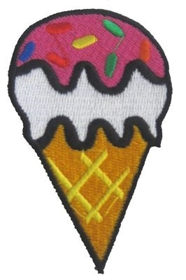 scoop of vanilla ice cream topped with pink and sprinkles in brown sugar cone embroidered patch