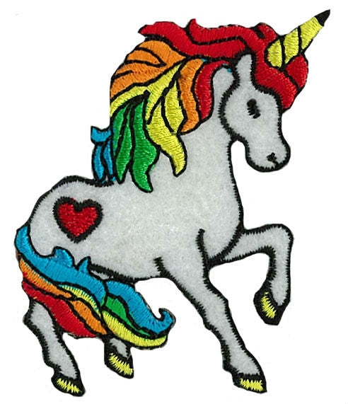 embroidered white unicorn with rainbow mane and tail and red heart on flank embroidered patch 
