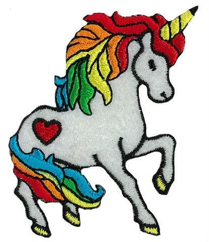 embroidered white unicorn with rainbow mane and tail and red heart on flank embroidered patch 