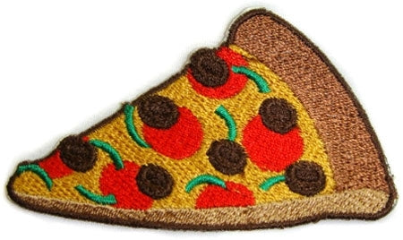 pizza slice with pepperoni, olive, green pepper toppings embroidered patch