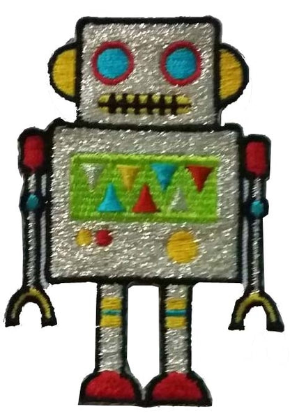 Embroidered Metallic Silver retro tin toy style Robot Patch