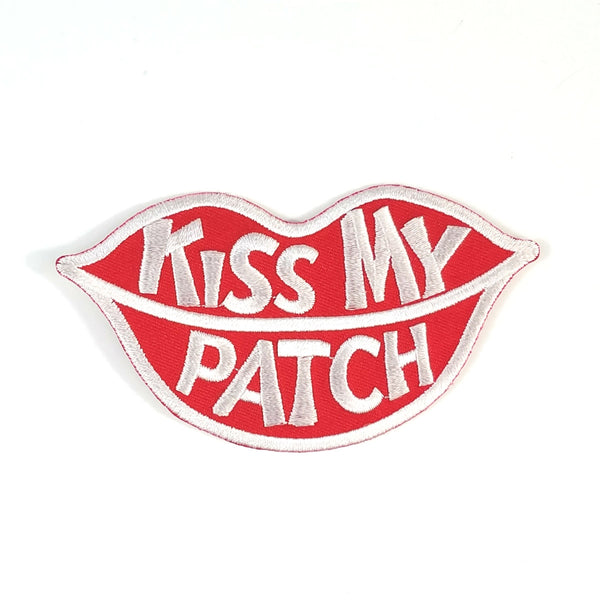 red & white 70s style "KISS MY PATCH" lips embroidered patch 