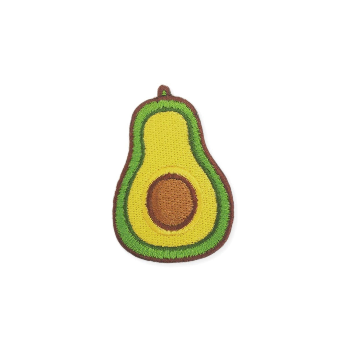 2 3/4" green and brown embroidered patch showing interior view of a ripe avocado half