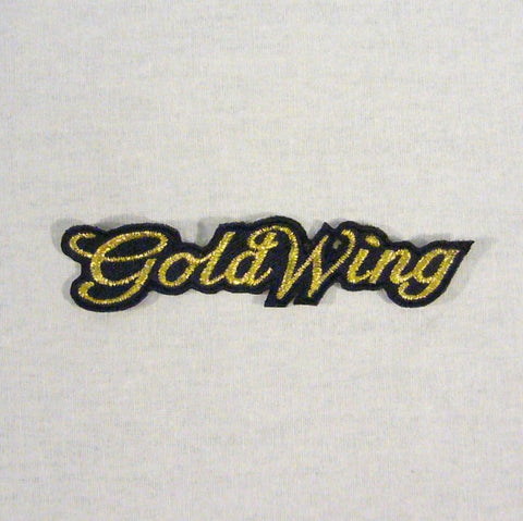 black with embroidered gold metallic thread, Gold Wing script logo patch