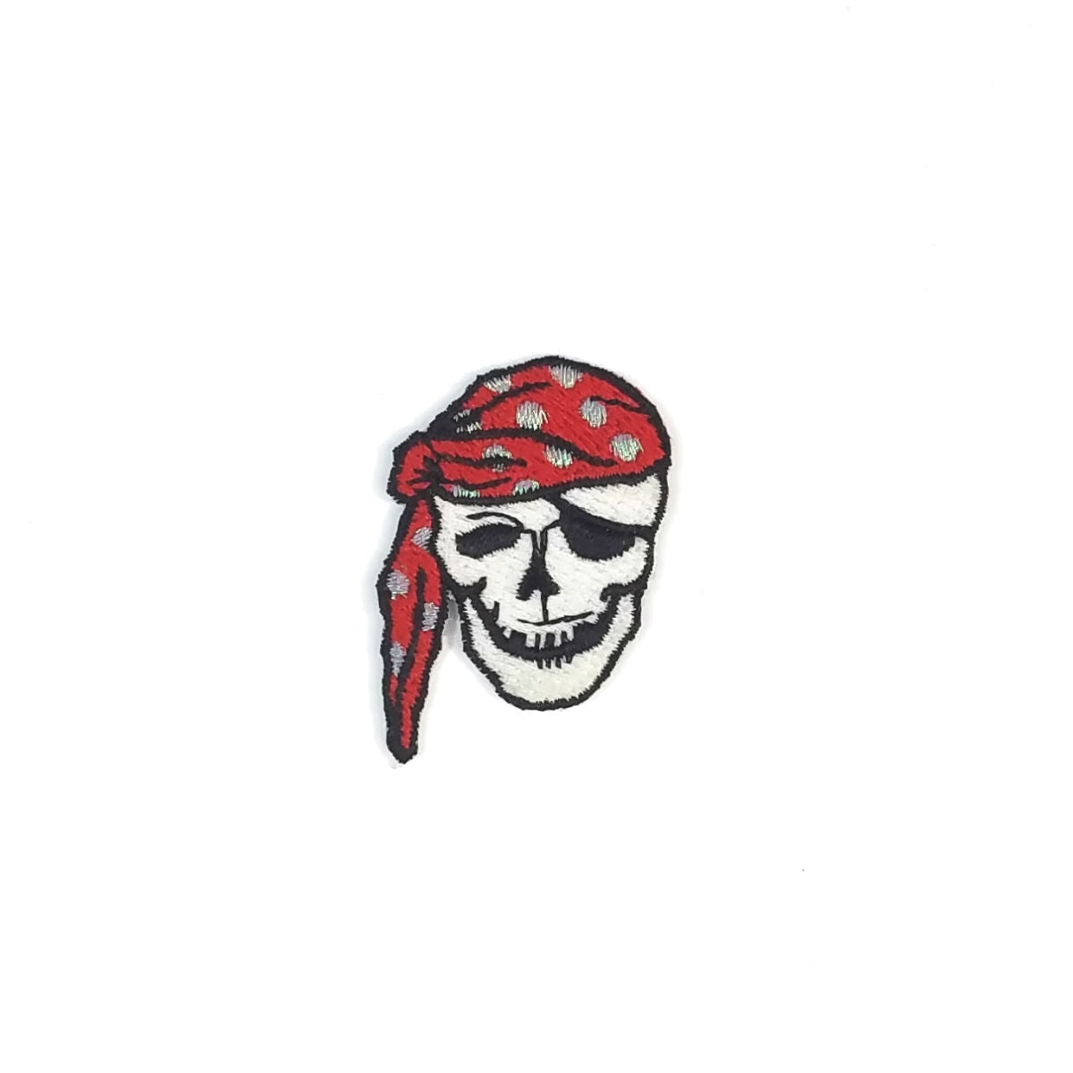 2" smiling pirate skull with eyepatch and red headscarf with metallic dots embroidered patch