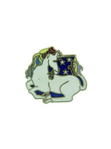 sitting white unicorn with rainbow mane & tail with starry night background 3/4" enameled metal lapel pin