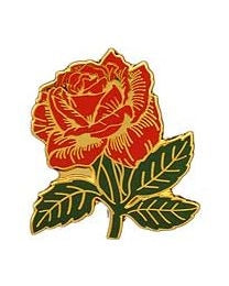 1" red rose flower enameled metal lapel pin with green stem and leaves and gold detailing