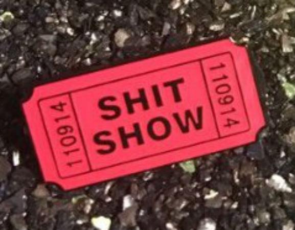 1.25" red "Shit Show" ticket hard enameled black metal pin