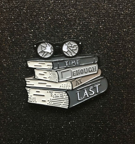 Twilight Zone episode reference "Time Enough At Last" 1 1/2" stack of books broken glasses gray soft enamel clutch back lapel pin