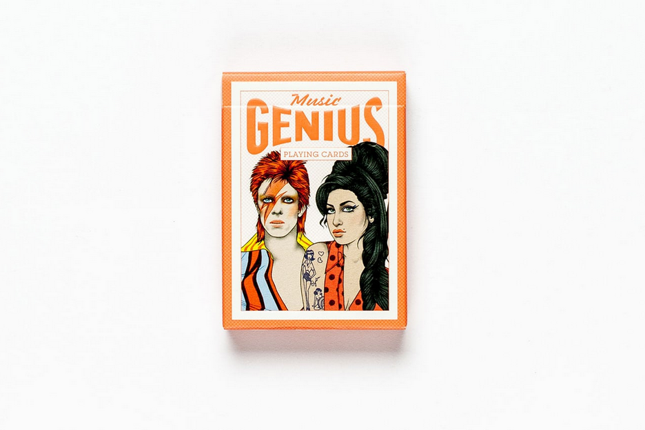 Pack of playing cards featuring color illustrations of music artists David Bowie and Amy Winehouse