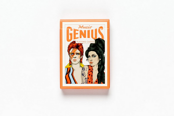 Pack of playing cards featuring color illustrations of music artists David Bowie and Amy Winehouse