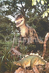 Allosaurus and Stegosaurus amongst foliage photo image postcard