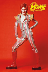 David Bowie in his striped jumpsuit and shiny red platform boots for a Ziggy Stardust photo shoot in London 1972 24" x 36" poster yellow "Bowie" Diamond Dogs logo top right corner